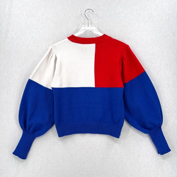 FARM RIO Floral Knit Sweater Women Medium Red White Blue Crew Balloon Colorblock - Picture 4 of 16